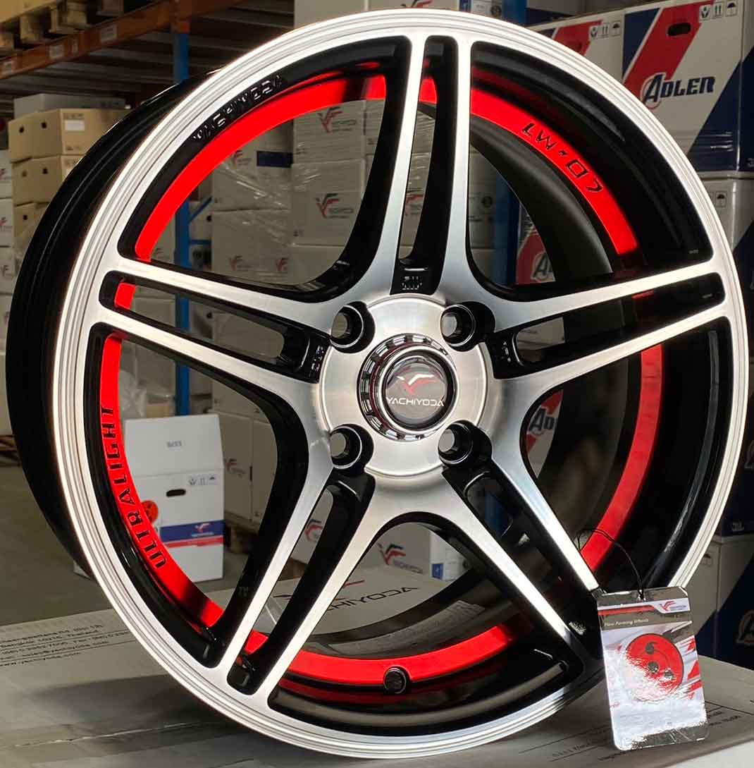 ล้อแม็กใหม่ FlowForming Yachiyoda LW07 4รู100 ET35 ดำหน้าเงาอันเดอร์คัตแดง 7-15นิ้ว ล้อแม็ก ล้อแม็กใหม่ FlowForming Yachiyoda LW07 4รู100 ET35 ดำหน้าเงาอันเดอร์คัตแดง 7-15นิ้ว